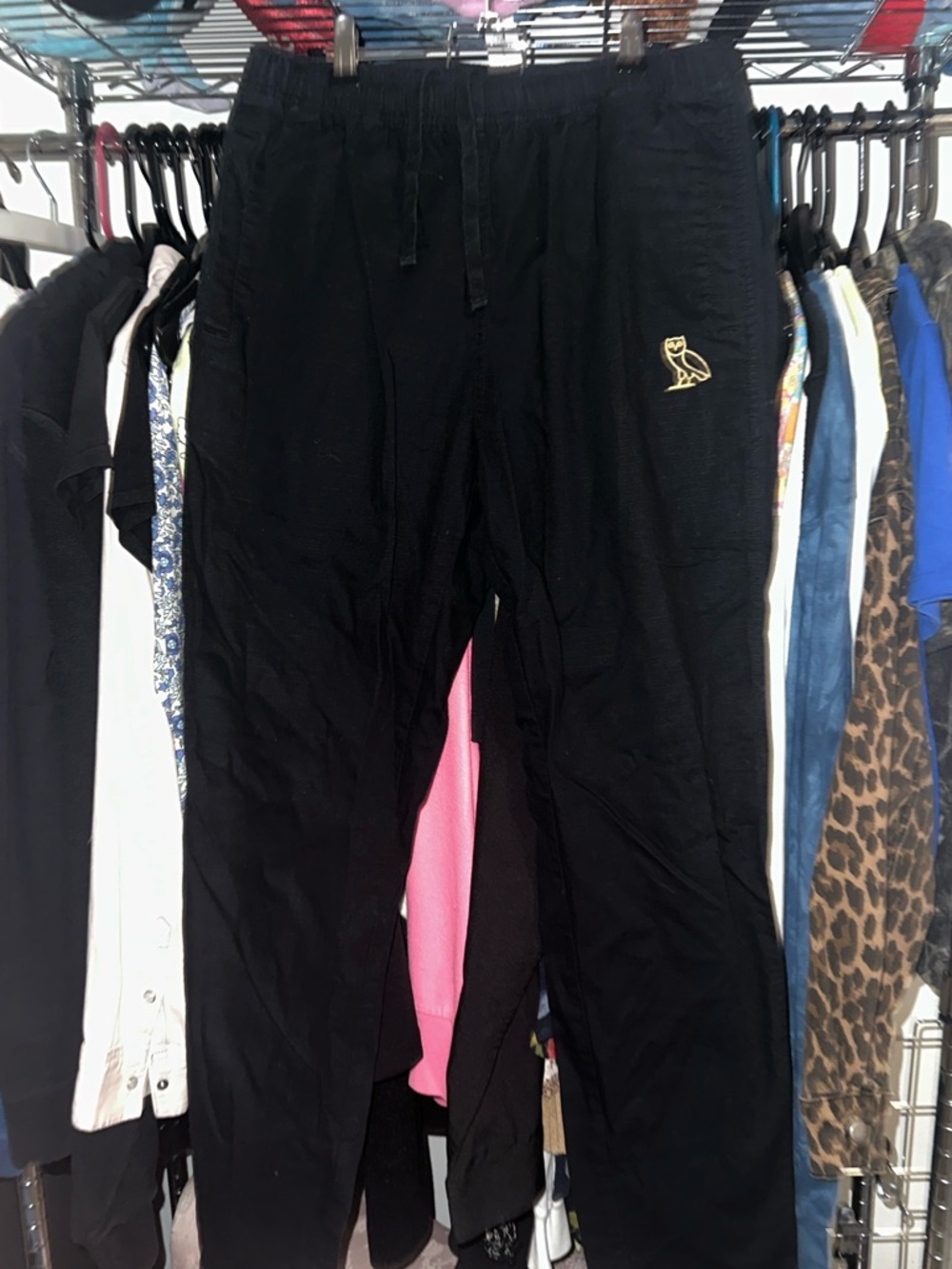 Black Jogger Pants with Gold Owl Emblem